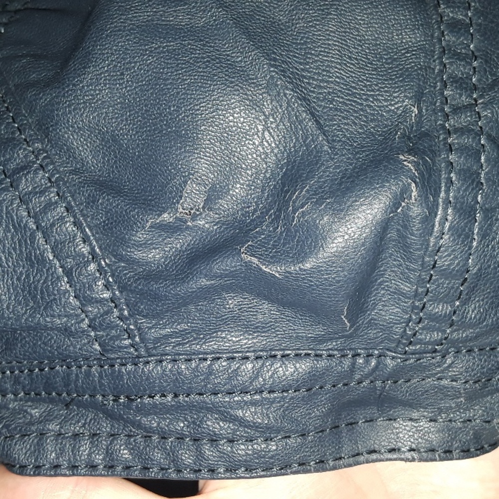Faux Leather dark Navy Moto Jacket Bought in Italy - Quality! Vegan Gold zip S - Picture 9 of 15
